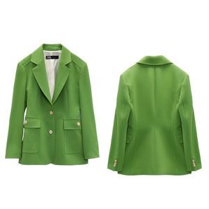 Zara Straight Blazer Green Patch Pockets Button Lapel Collar Jacket Womens M.